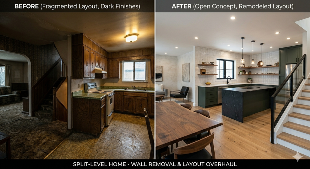 before and after of split level home kitchen remodel
 
